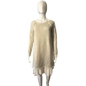 Sundance Dress French Terry Jersey Knit Gray Ivory Chiffon Ruffle L/S SZ XS